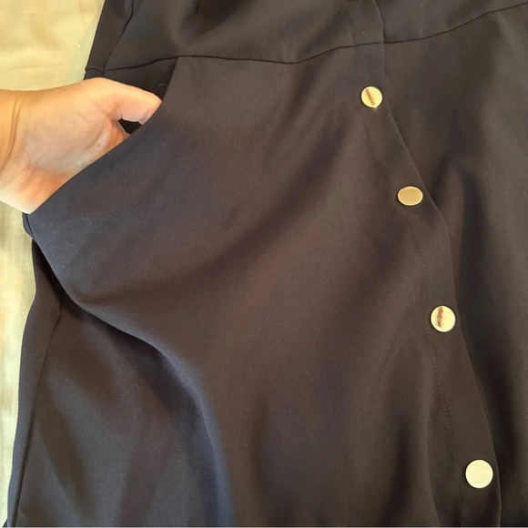 Loft Womens 14 Navy Blue Gold Button Front Zip Back Sleeveless Ruffle Hem Dress - Picture 5 of 10